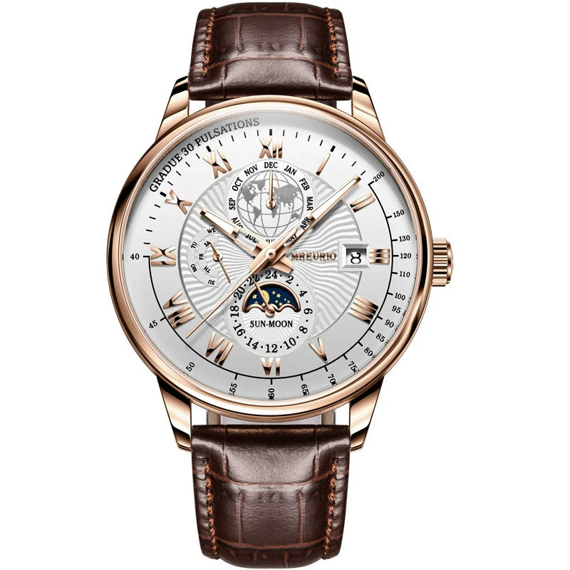 Wholesale Men's Alloy Imitation Leather Strap Business Style Round Dial Watch With Threeeye Calendar Starry Sky Moon Design - Image 5