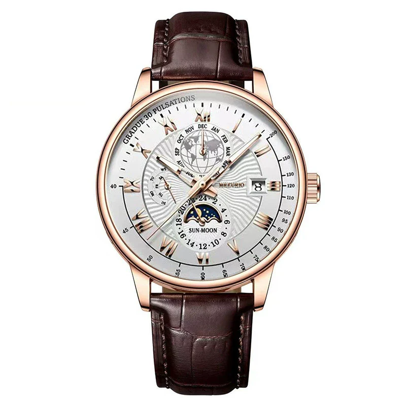 Wholesale Men's Alloy Imitation Leather Strap Business Style Round Dial Watch With Threeeye Calendar Starry Sky Moon Design - Image 6