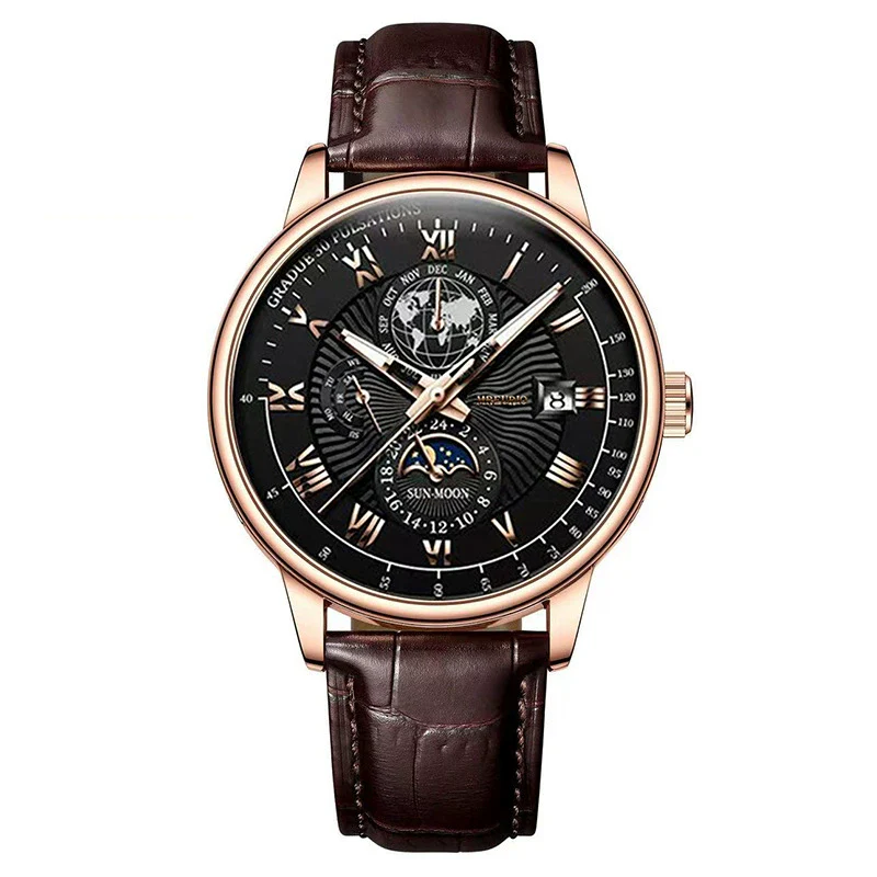Wholesale Men's Alloy Imitation Leather Strap Business Style Round Dial Watch With Threeeye Calendar Starry Sky Moon Design - Image 7