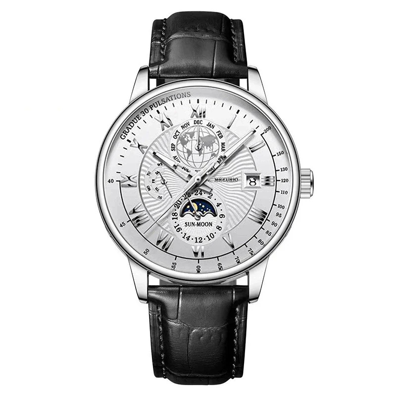 Wholesale Men's Alloy Imitation Leather Strap Business Style Round Dial Watch With Threeeye Calendar Starry Sky Moon Design - Image 8