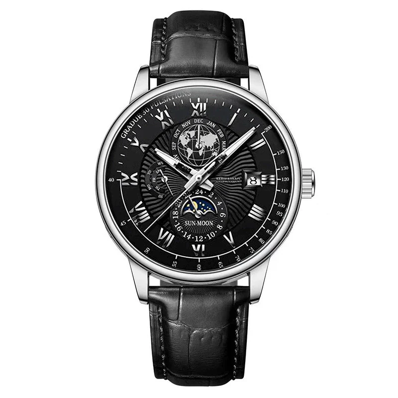 Wholesale Men's Alloy Imitation Leather Strap Business Style Round Dial Watch With Threeeye Calendar Starry Sky Moon Design - Image 9