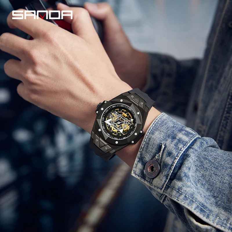 Wholesale Men's Automatic Mechanical Quartz Geometric Cut Out Watch Zinc Alloy Case Silicone Strap High Hardness Mineral Tempered Glass Mirror