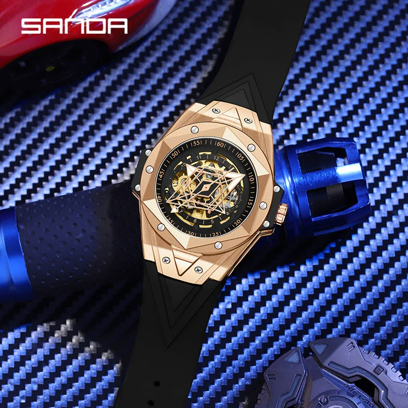 Wholesale Men's Automatic Mechanical Quartz Geometric Cut Out Watch Zinc Alloy Case Silicone Strap High Hardness Mineral Tempered Glass Mirror - Image 2