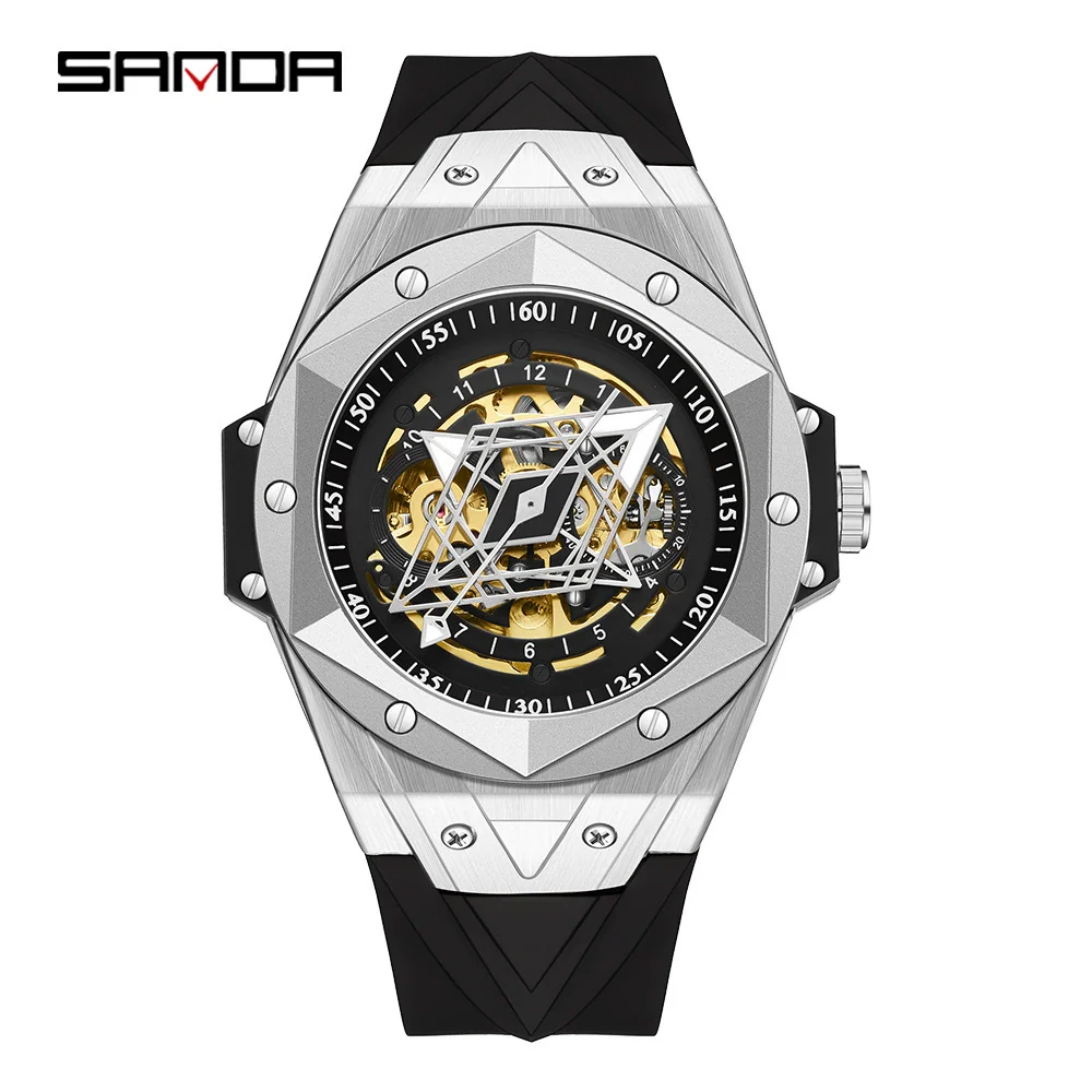 Wholesale Men's Automatic Mechanical Quartz Geometric Cut Out Watch Zinc Alloy Case Silicone Strap High Hardness Mineral Tempered Glass Mirror - Image 3
