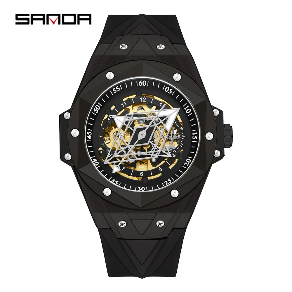 Wholesale Men's Automatic Mechanical Quartz Geometric Cut Out Watch Zinc Alloy Case Silicone Strap High Hardness Mineral Tempered Glass Mirror - Image 4