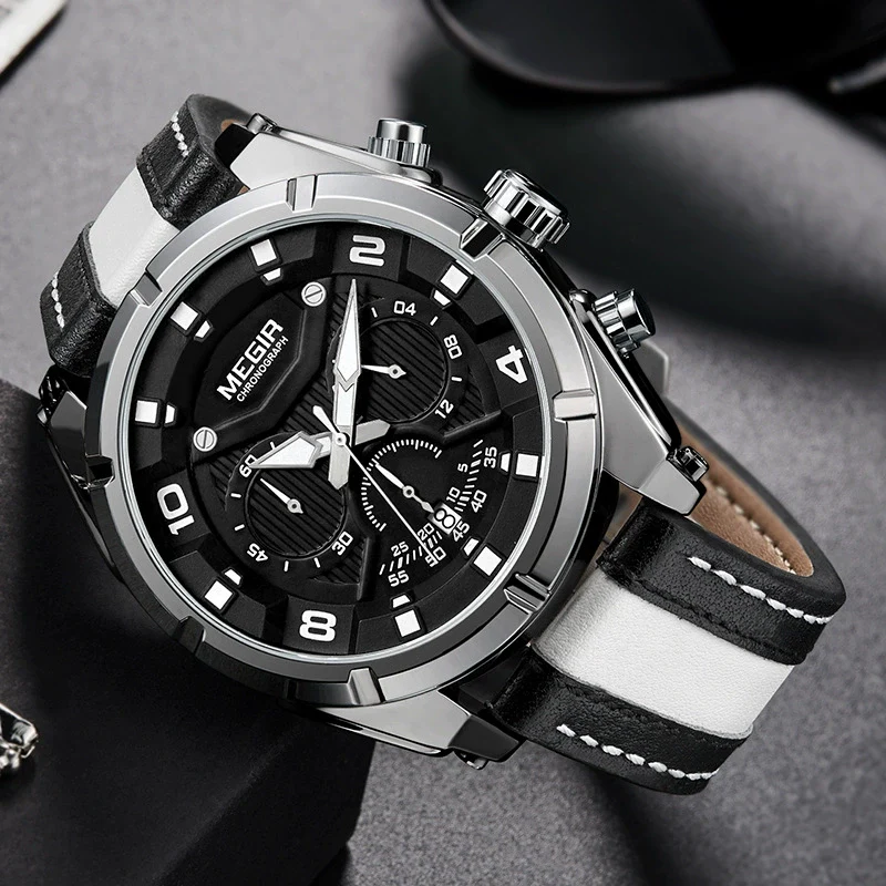 Wholesale Men's Casual Sports Multifunction Chronograph Waterproof Quartz Watch Alloy Case Genuine Leather Strap Round Dial Stainless Steel Clasp - Image 3