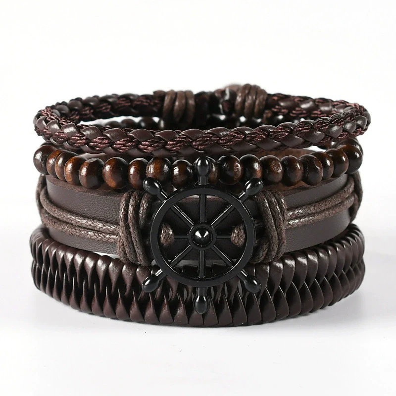 Wholesale Men's Leather Woven Geometric Retro Inlaid Alloy Bracelet - Image 3