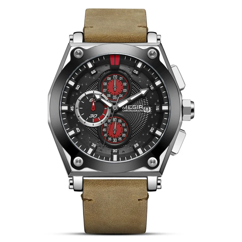 Wholesale Men's Multifunction Chronograph Calendar Watch Alloy Case Genuine Leather Strap Round Dial - Image 8
