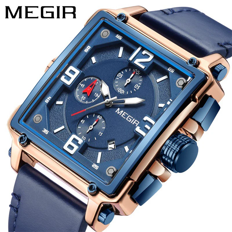 Wholesale Men's Retro Fashion Square Multifunctional Chronograph Calendar Watch Genuine Leather Strap Alloy Case Mineral Strengthened Glass Mirror
