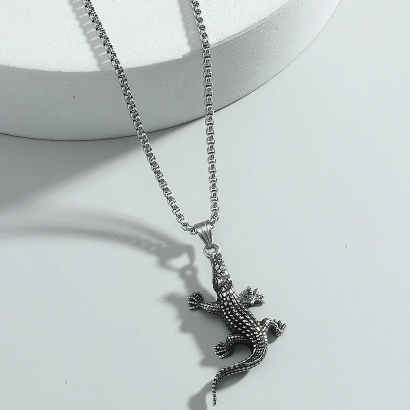 Wholesale Men's Retro Punk Crocodile Pendant Necklace Alloy Titanium Steel Electroplated Animal Pattern Square Pearl Chain - Image 2
