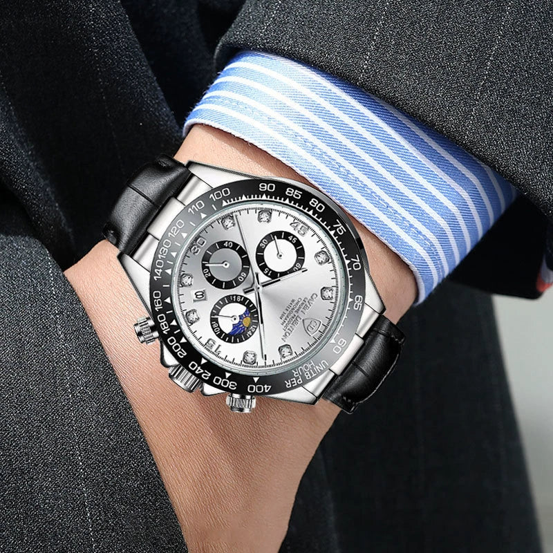 Wholesale Men's Sports Quartz Watch With Leather And Silicone Strap Alloy Case Mineral Reinforced Glass Mirror And Racing Dial