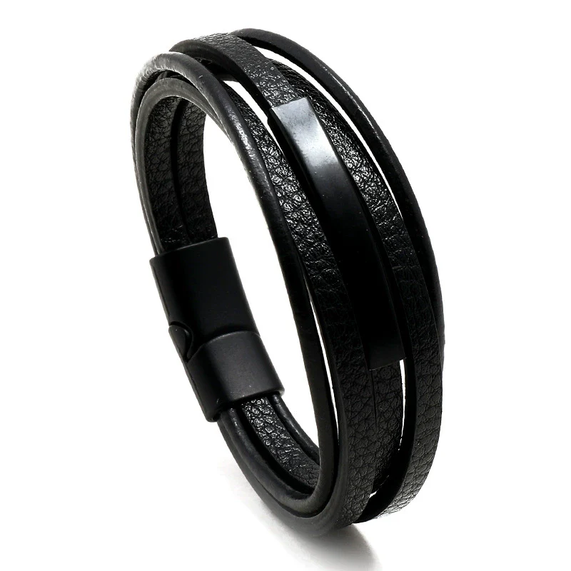 Wholesale Men's Stainless Steel Leather Rope Bracelet Retro Geometric Handmade - Image 5