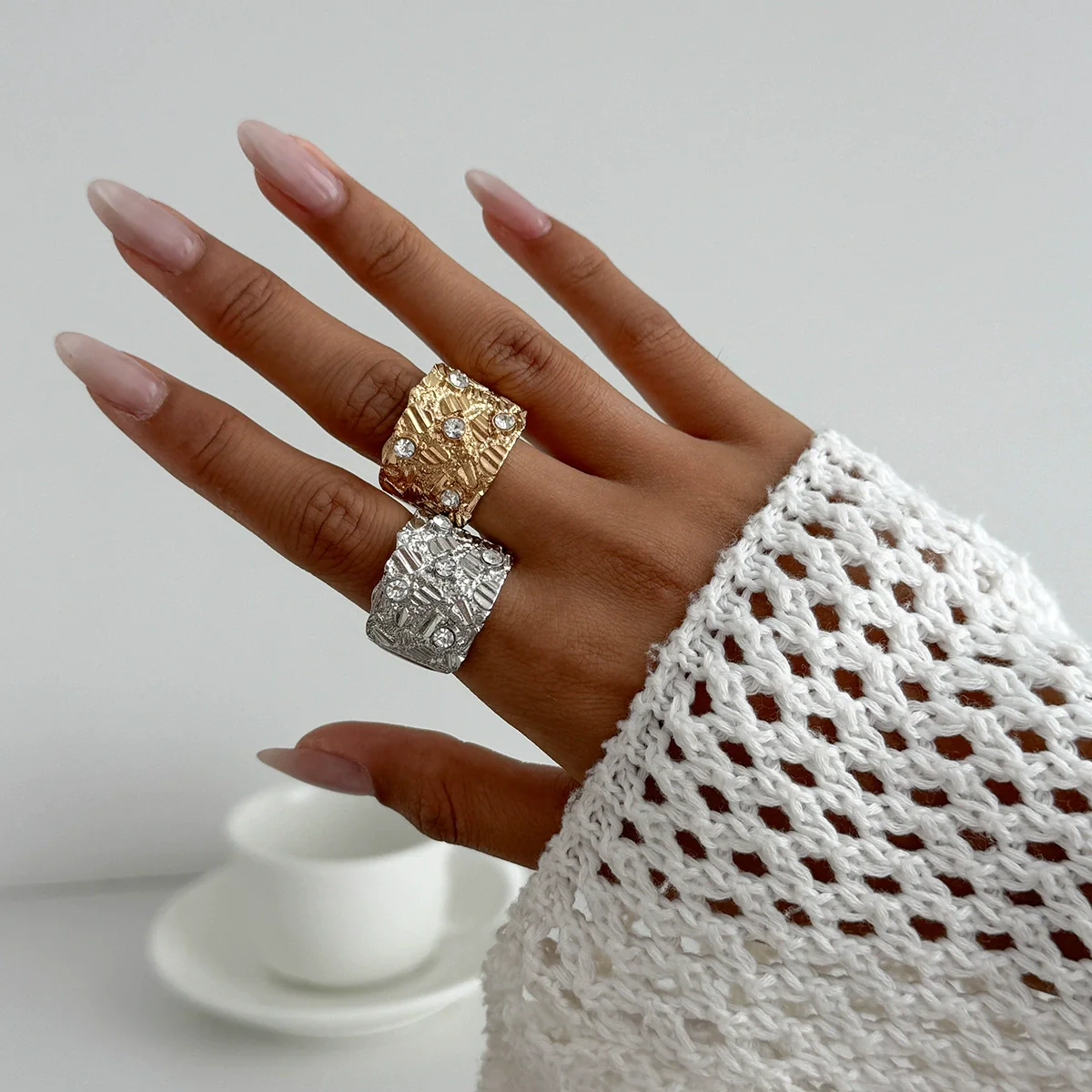 Wholesale Metal Geometric Asymmetrical Hammered Pleated Open Ring Electroplated For Women - Image 3