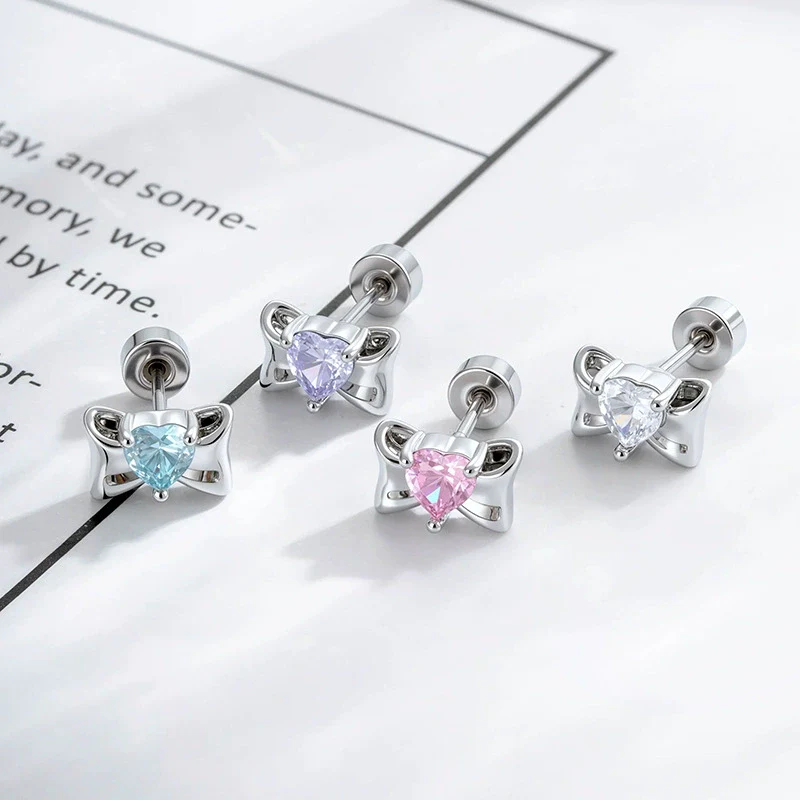 Wholesale Metal Inlaid Heart Zircon Candy Bow Screw Twist Rod Piercing Earrings Unisex - Image 3