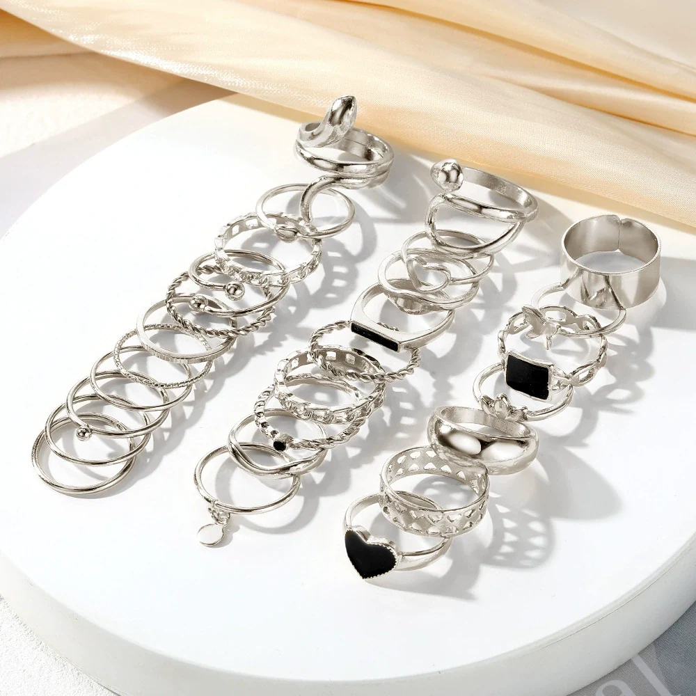 Wholesale Metal Retro Geometric Dripping Glue Heart Square Open Ring Set - Image 3