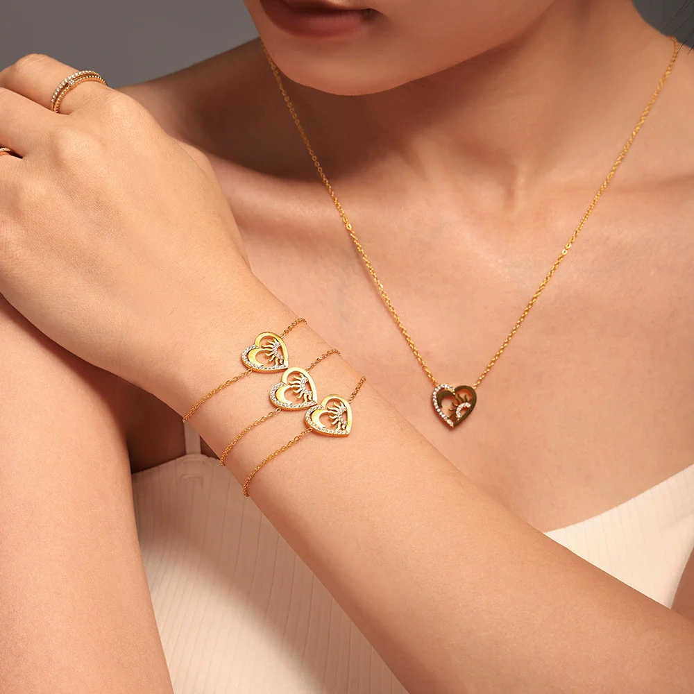 Wholesale Minimalist Geometric Stainless Steel Heartshaped Zircon Pendant Necklace And Bracelet Jewelry For Women With Electroplating - Image 4