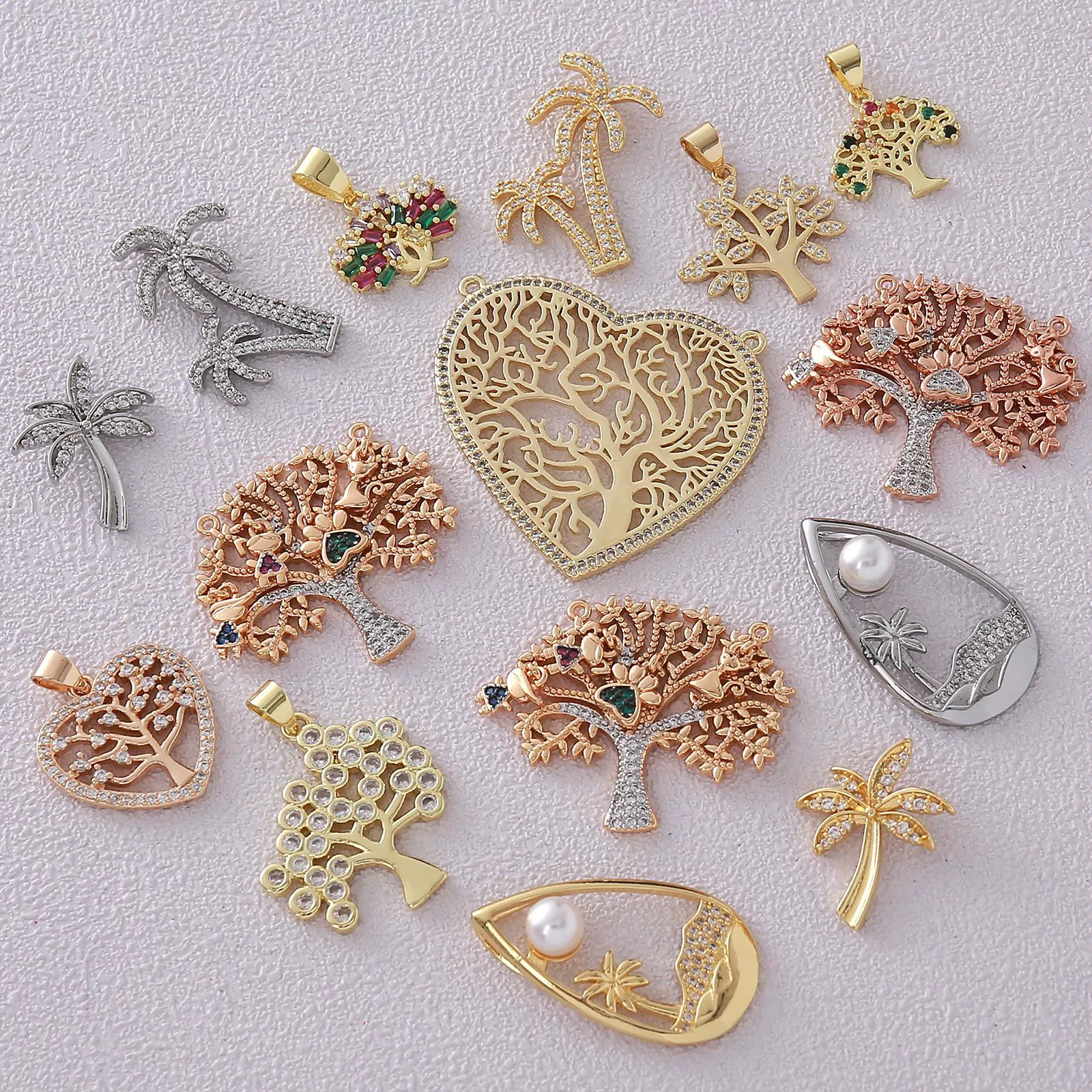 Wholesale Mixed Style Hollow Heart Tree Of Life Coconut Tree Series 18K Gold Plated Copper Pendant Diy Bracelet Necklace Accessories