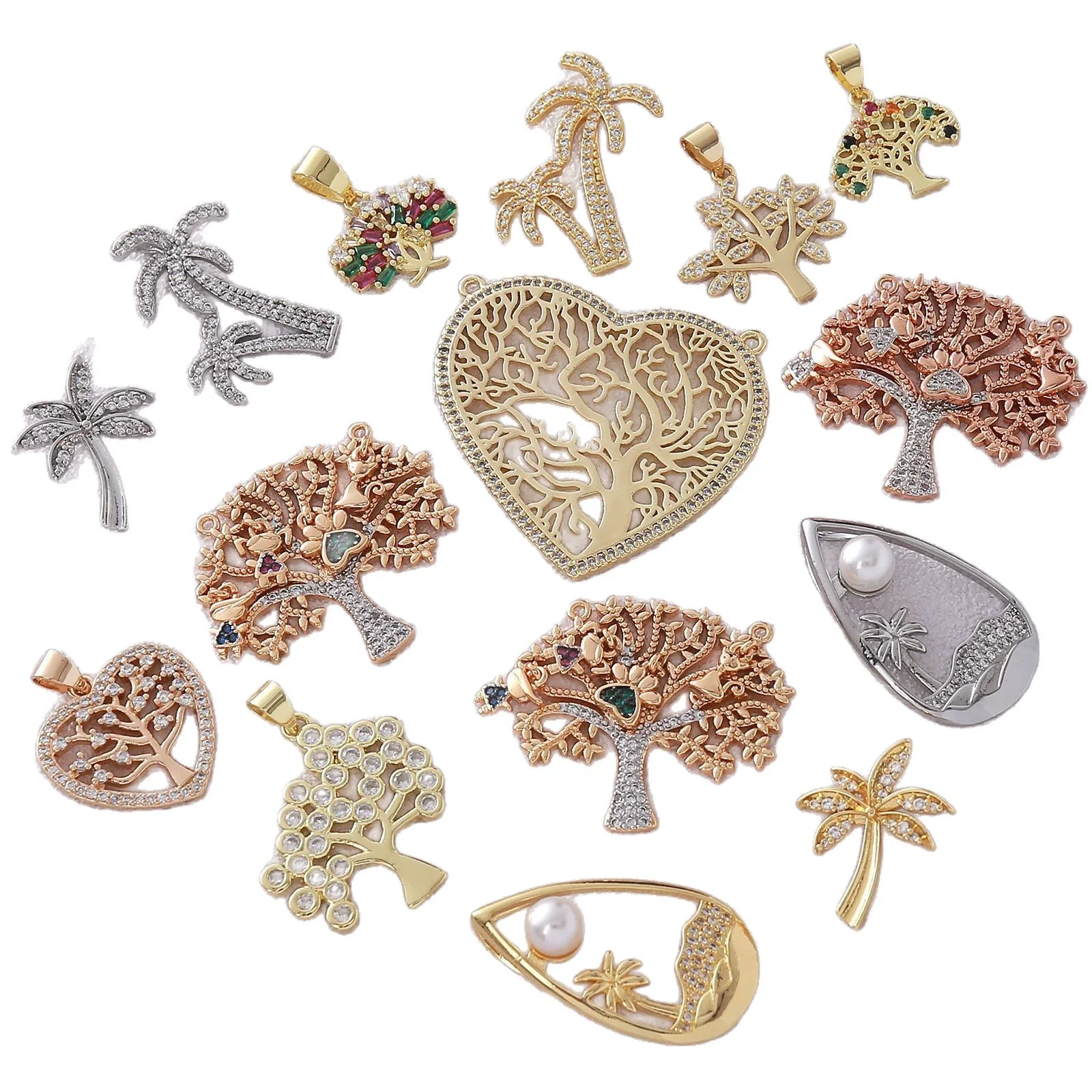 Wholesale Mixed Style Hollow Heart Tree Of Life Coconut Tree Series 18K Gold Plated Copper Pendant Diy Bracelet Necklace Accessories - Image 5