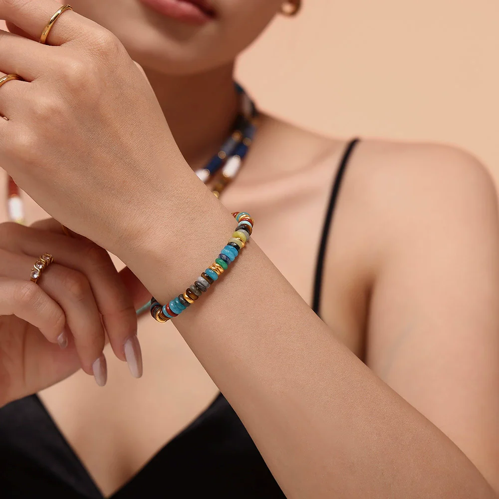 Wholesale Natural Stone And Stainless Steel Abacus Bead Necklace And Bracelet Retro Dopamine Style Handmade With Electroplating - Image 2