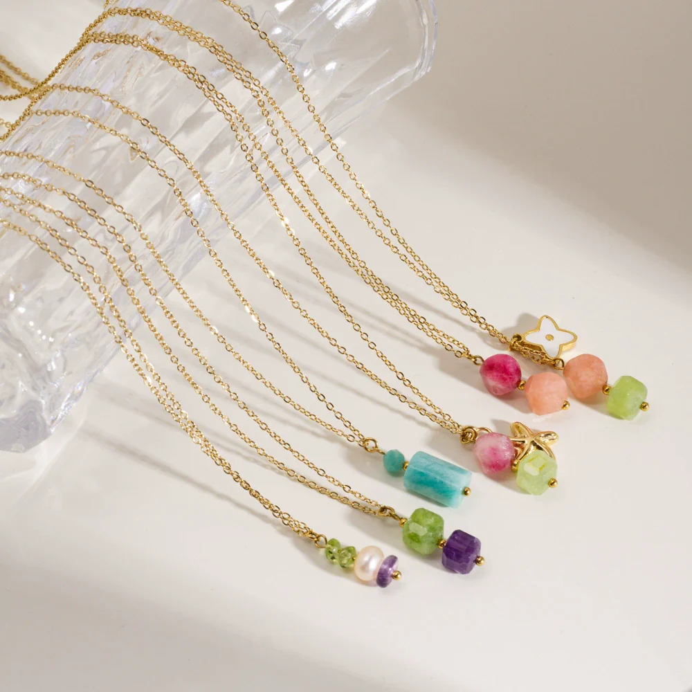 Wholesale Natural Stone Pendant Necklace Stainless Steel Geometric Simple Set With Gemstones For Women