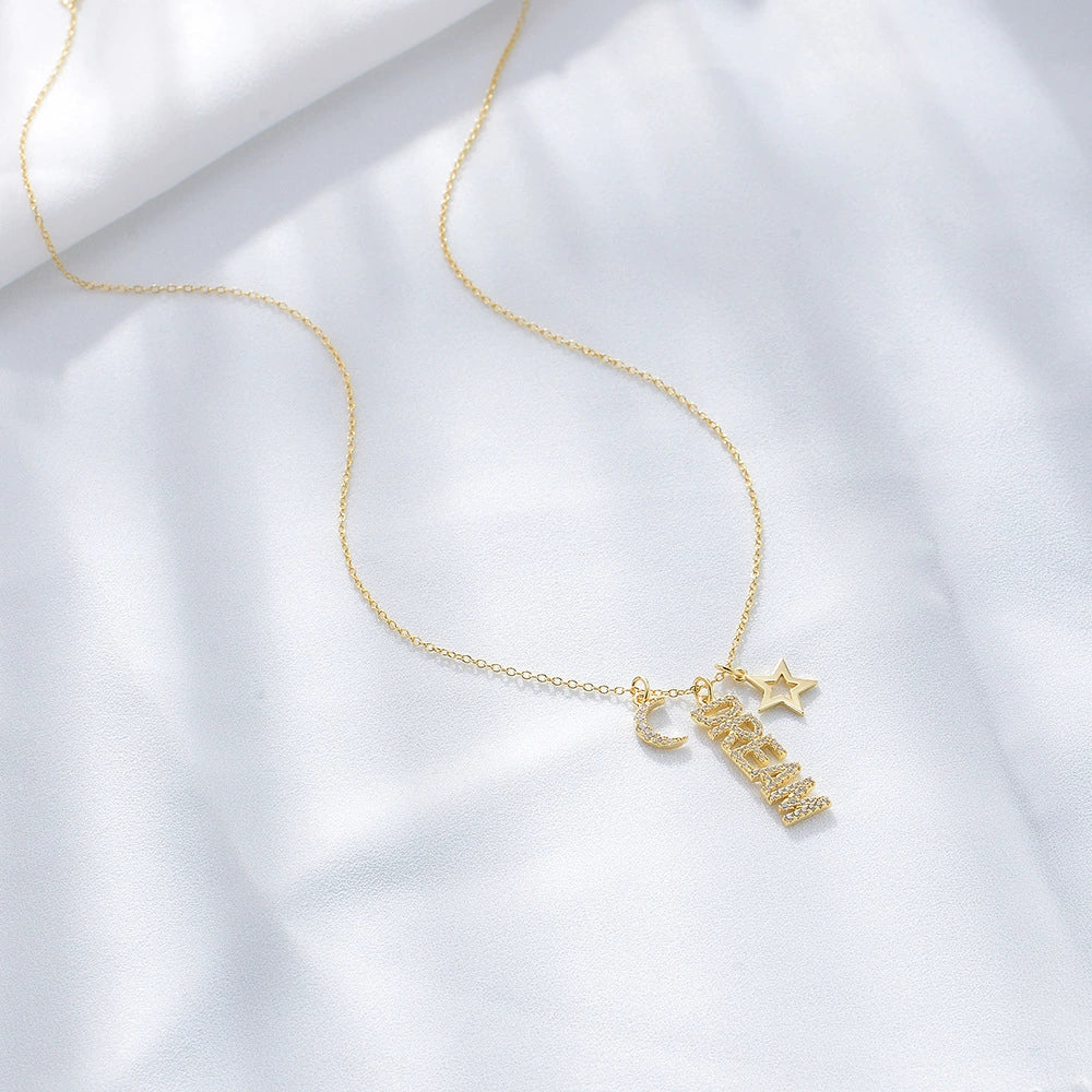 Wholesale Necklace 925 Silver English Letter Diamond Moon Star Pendant For Women - Image 2