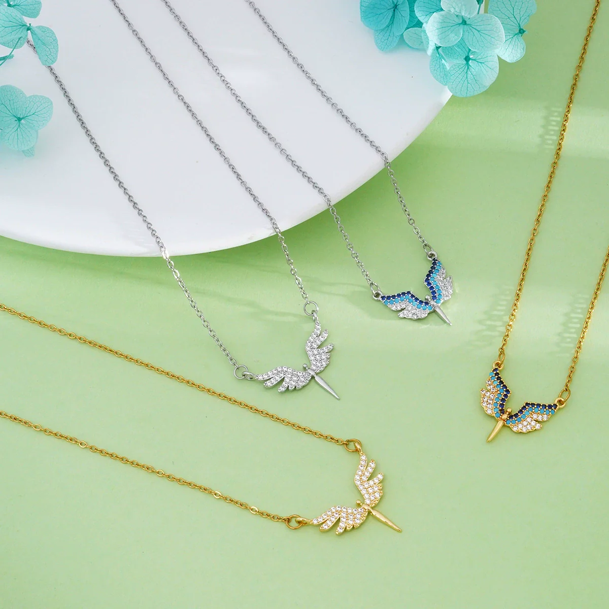 Wholesale Necklace Copper Titanium Steel Geometric Angel Wings Love Creative Light Luxury Electroplating Mixed Gemstone Inlay For Women