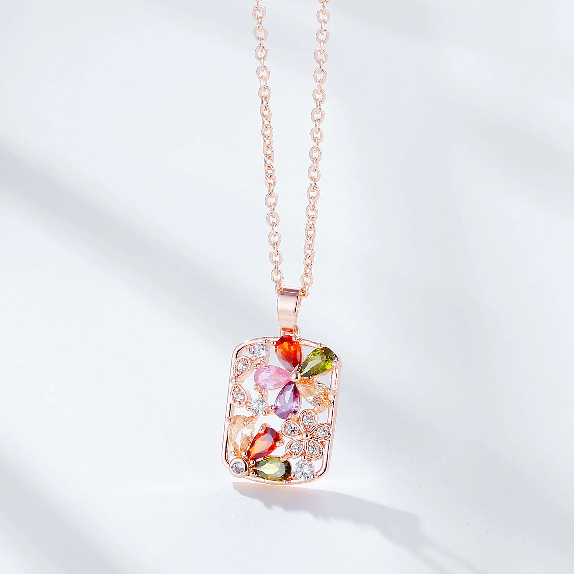 Wholesale Necklace Jewelry With Zircon Hollow Flower Pendant Copper Titanium Steel Color Retention Rhombus Design - Image 2