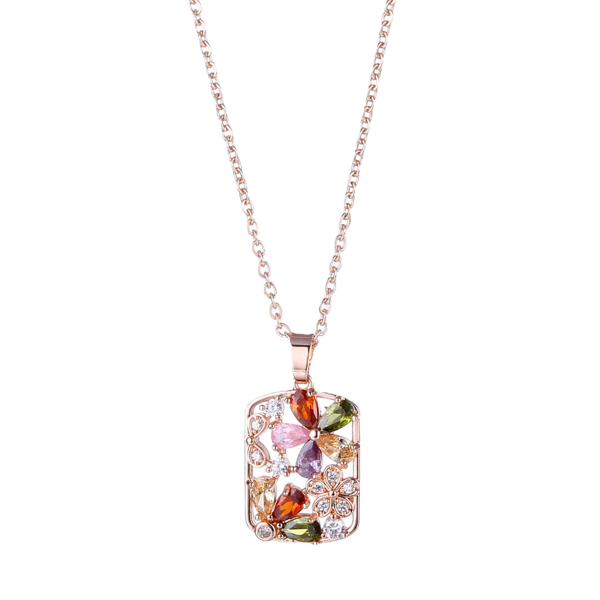 Wholesale Necklace Jewelry With Zircon Hollow Flower Pendant Copper Titanium Steel Color Retention Rhombus Design - Image 5