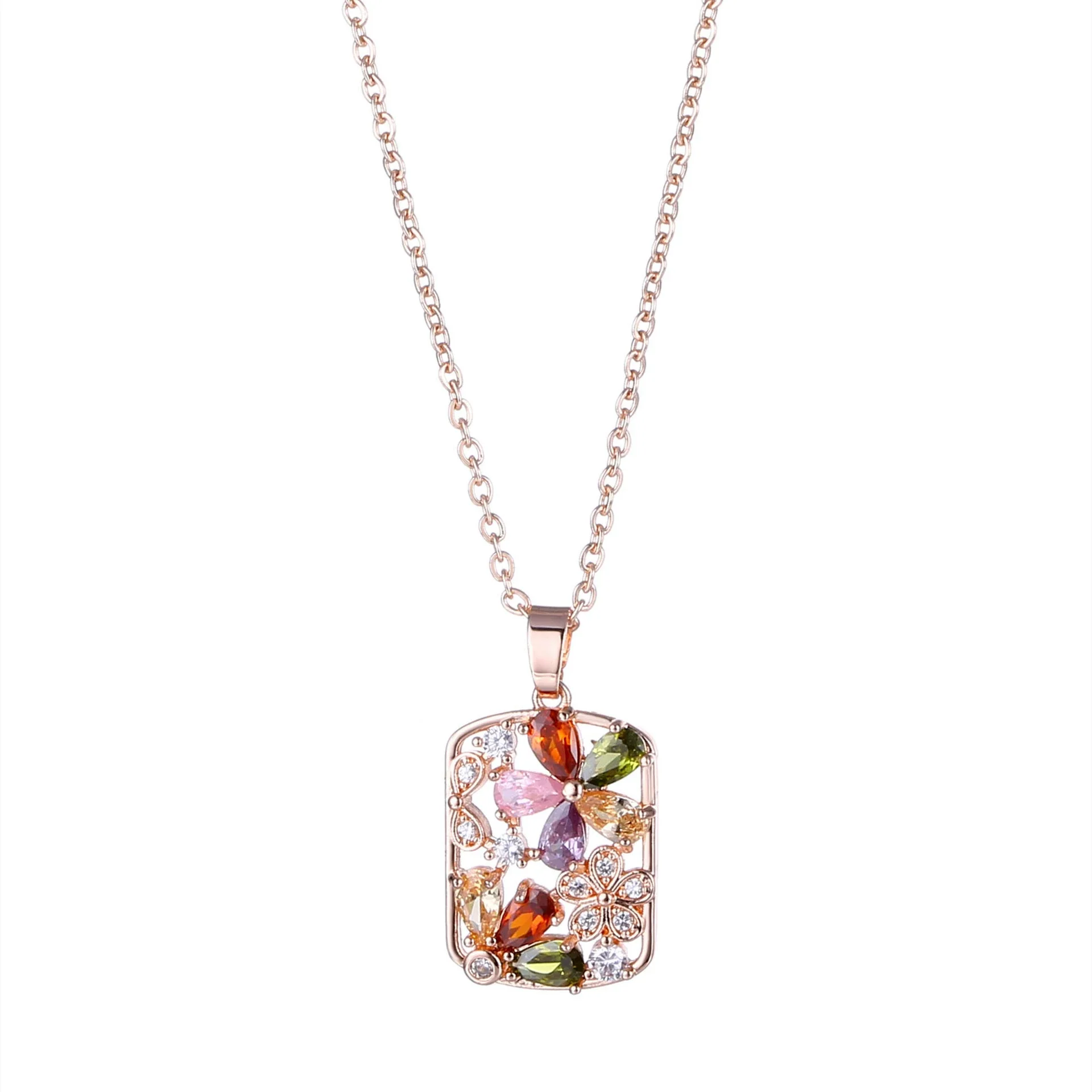 Wholesale Necklace Jewelry With Zircon Hollow Flower Pendant Copper Titanium Steel Color Retention Rhombus Design - Image 6