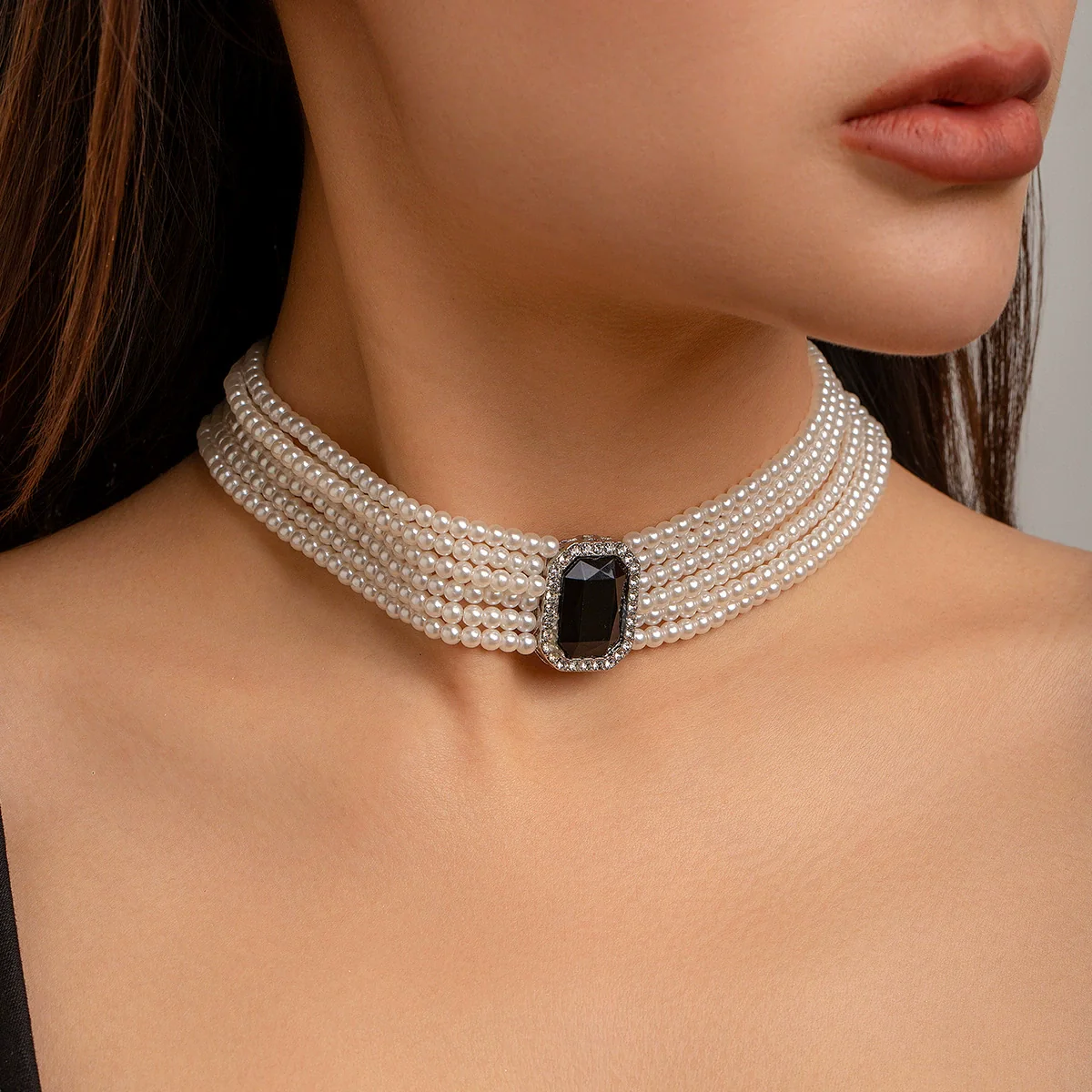 Wholesale Necklace Multilayer Imitation Pearl Ball Chain Alloy Pendant Geometric Style French Retro - Image 7