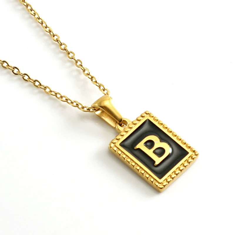 Wholesale Necklace 316L Stainless Steel 18K Gold Plated Letter Square Pendant For Women - Image 7