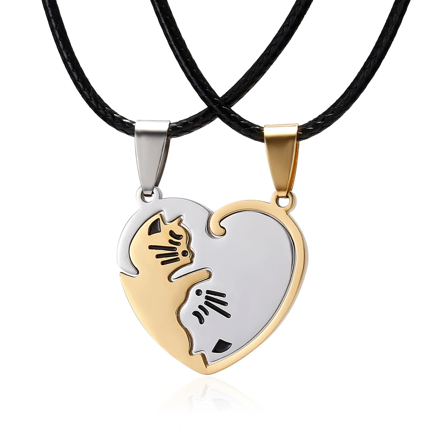 Wholesale Necklace Stainless Steel Animal Cat Pendant With Black And White Kitten Embrace Love Pattern Leather Rope Chain Electroplated - Image 5