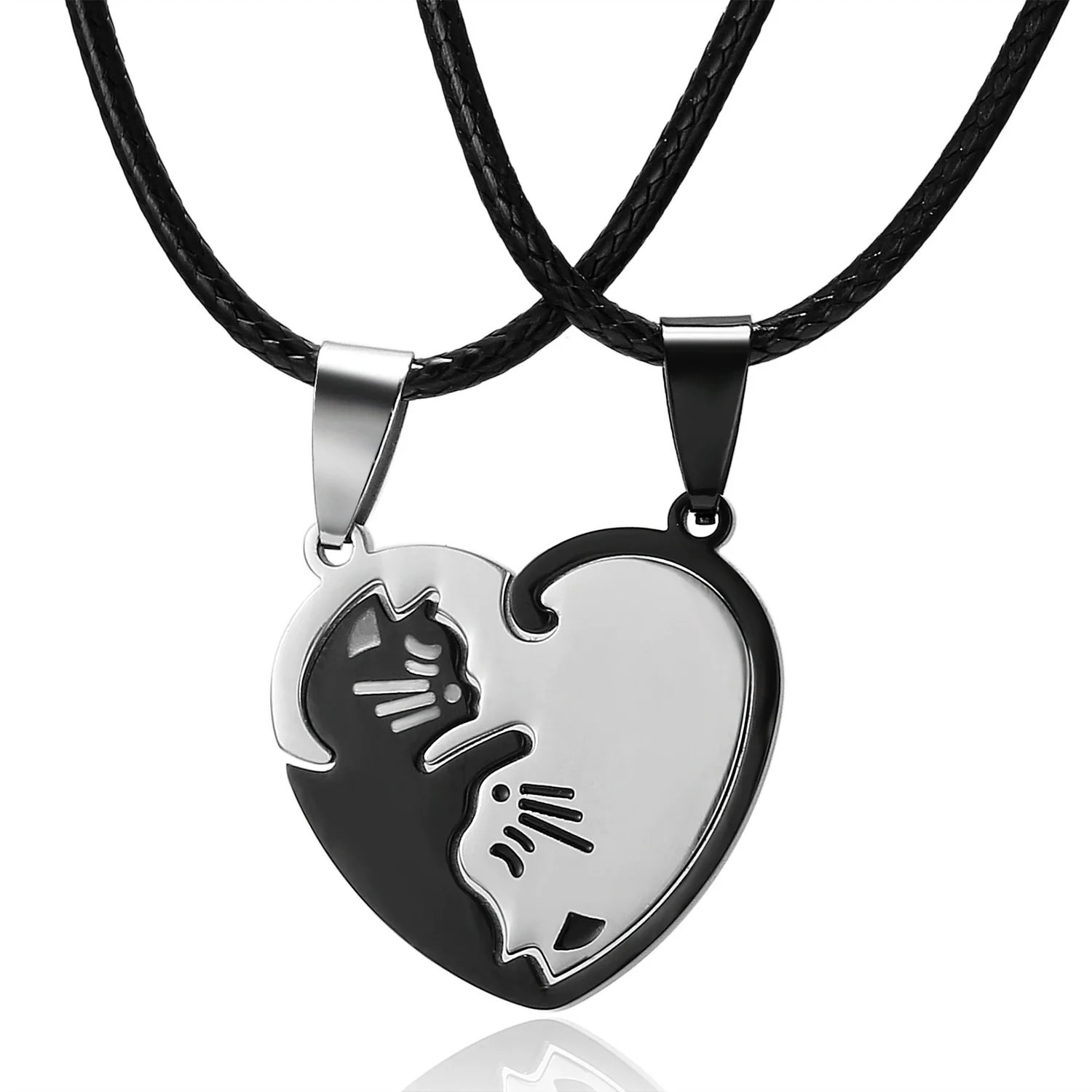 Wholesale Necklace Stainless Steel Animal Cat Pendant With Black And White Kitten Embrace Love Pattern Leather Rope Chain Electroplated - Image 6
