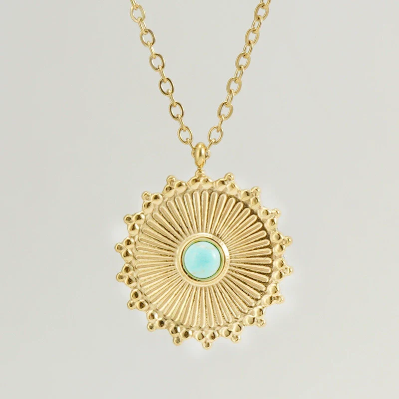 Wholesale Necklace 316L Stainless Steel Blue Turquoise Round Geometric Style Mixed Gem Inlay 18K Gold Plated For Women - Image 2