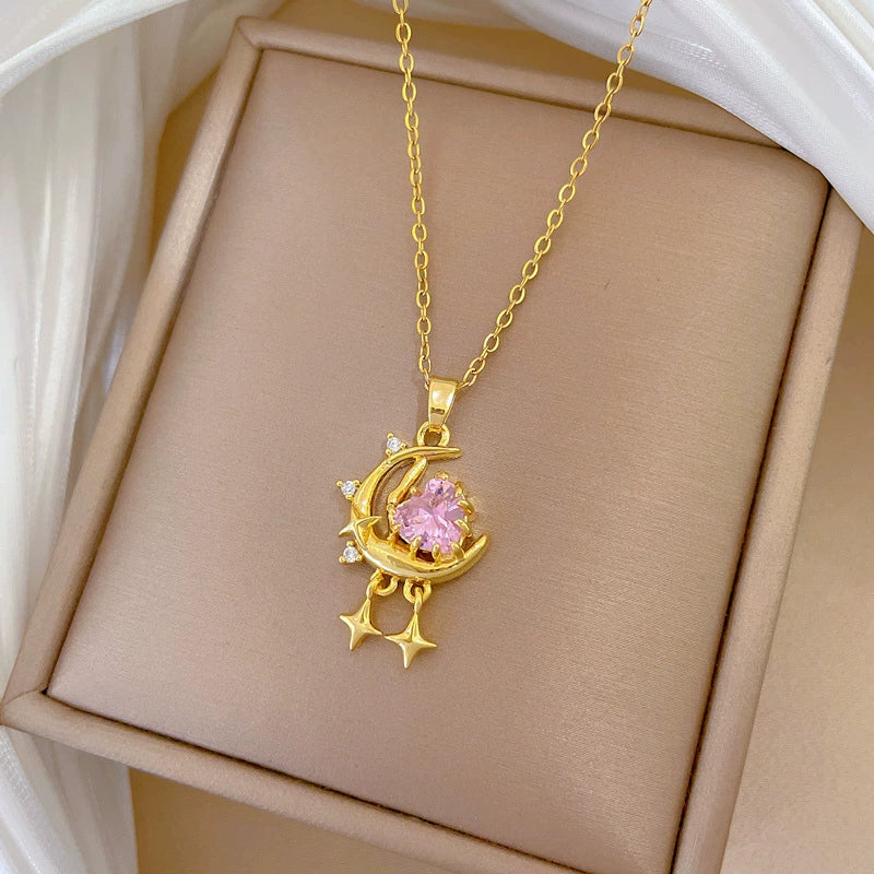Wholesale Necklace Stainless Steel Copper Geometric Cartoon Pink Stars And Moon Full Diamond Light Luxury Elegant Gorgeous Unisex Allmatch Clavicle Chain - Image 3