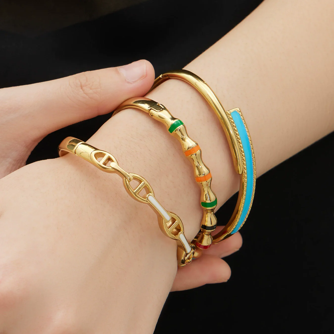 Wholesale Niche Geometric Stainless Steel Electroplated Oil Drop Buckle Open Bracelet - Image 3