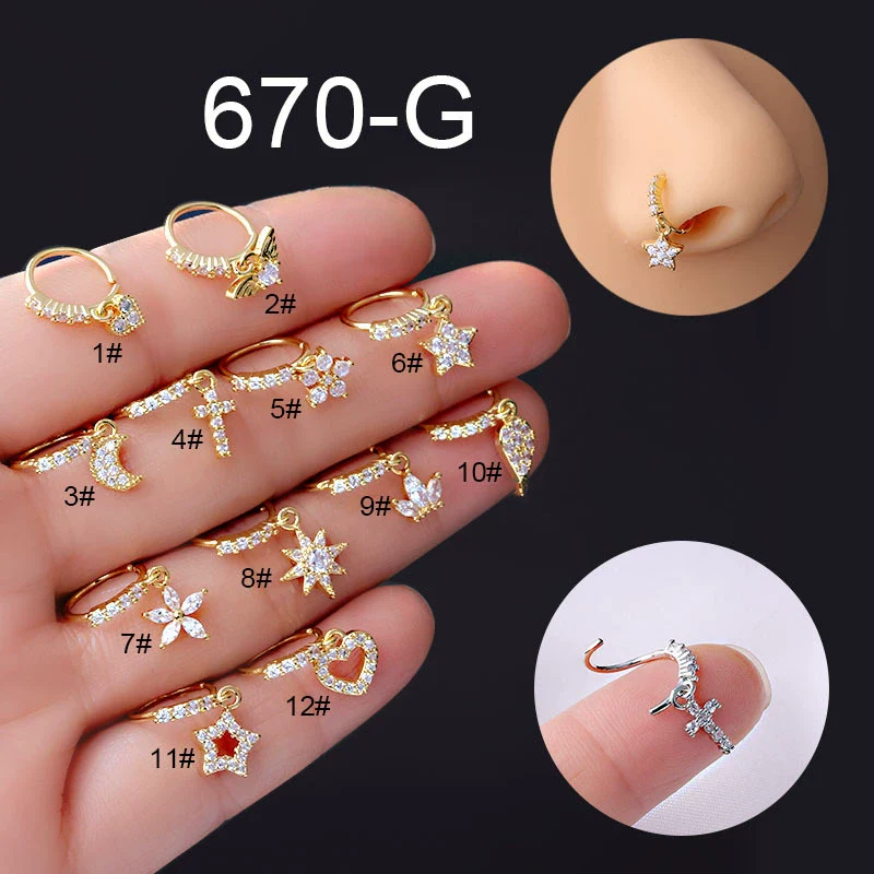 Wholesale Nose Ring Copper Star Moon Love Flower Cross Zircon Pendant Electroplated For Women - Image 7