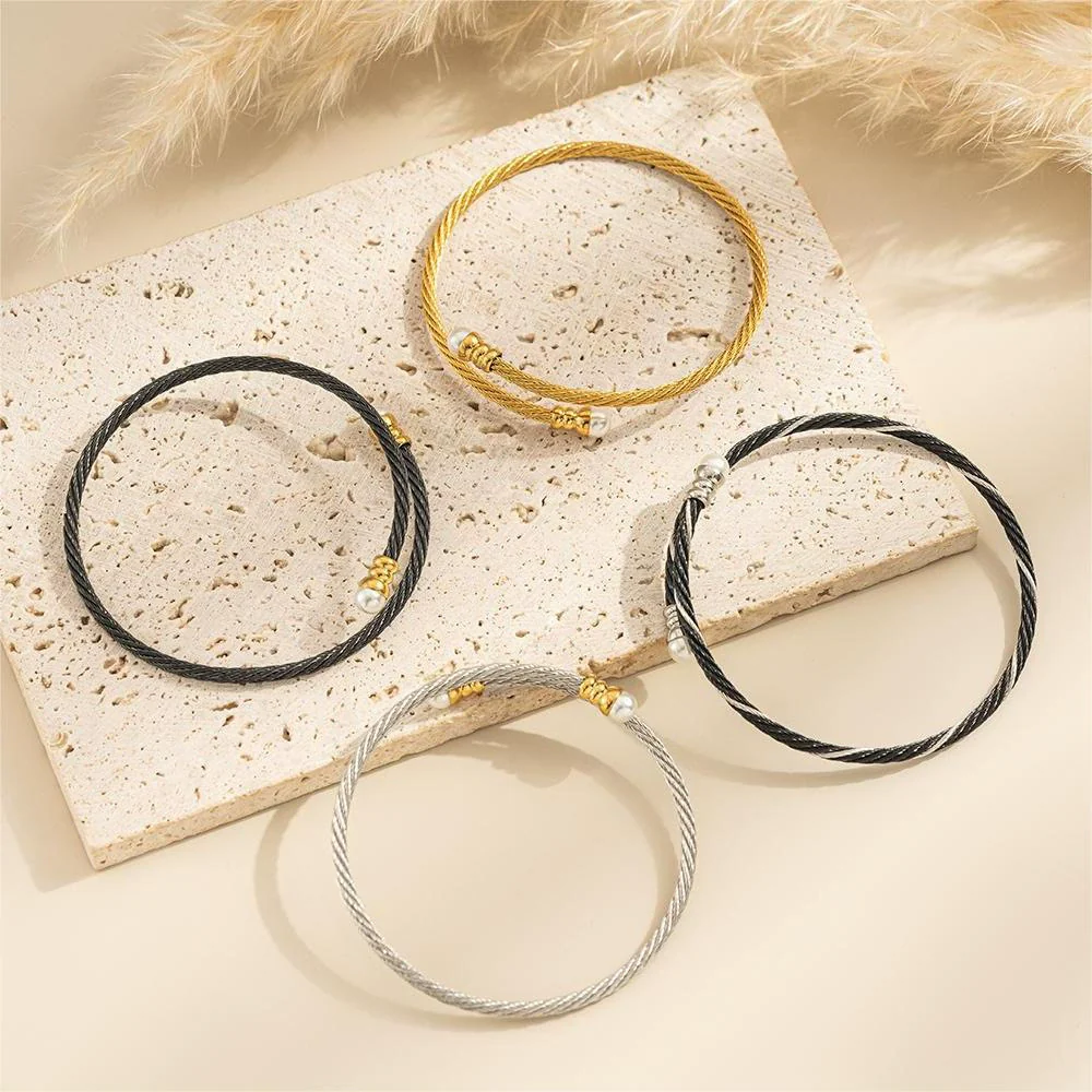 Wholesale Pearl Stainless Steel Titanium Steel Geometric Braided Doublelayer Elastic Wire Rope Bracelet For Women - Image 2