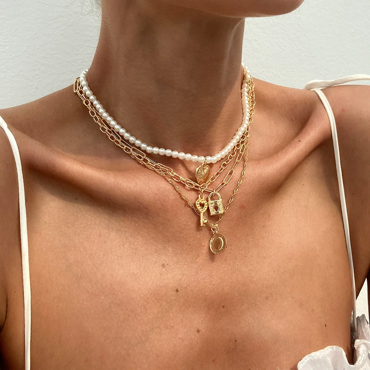 Wholesale Pendant Necklace Imitation Pearl Alloy Geometric Heart Shape Electroplating - Image 3