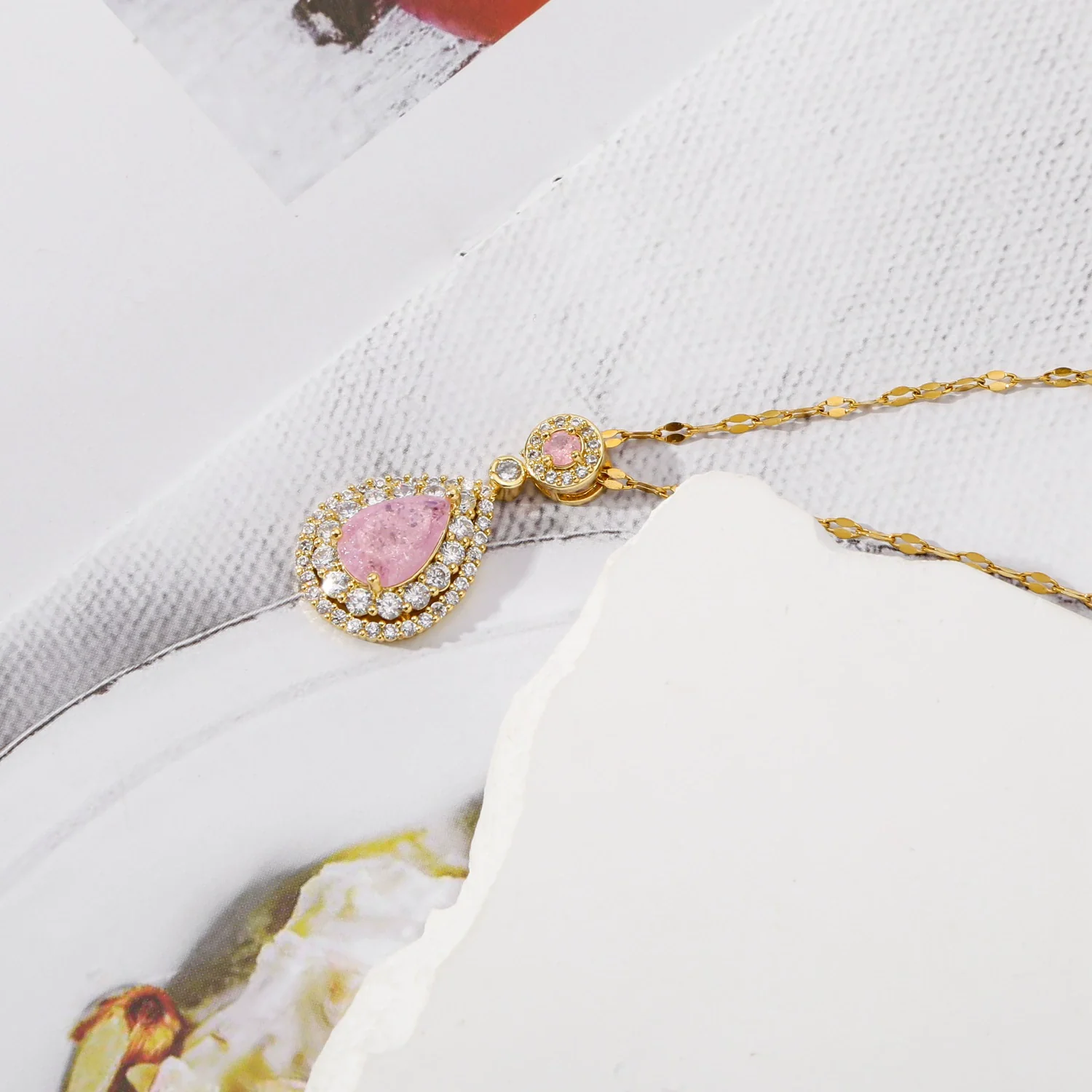 Wholesale Pendant Necklace Stainless Steel Dropshaped Microinlaid Pink Zircon Electroplating Geometric Style Ochain - Image 3