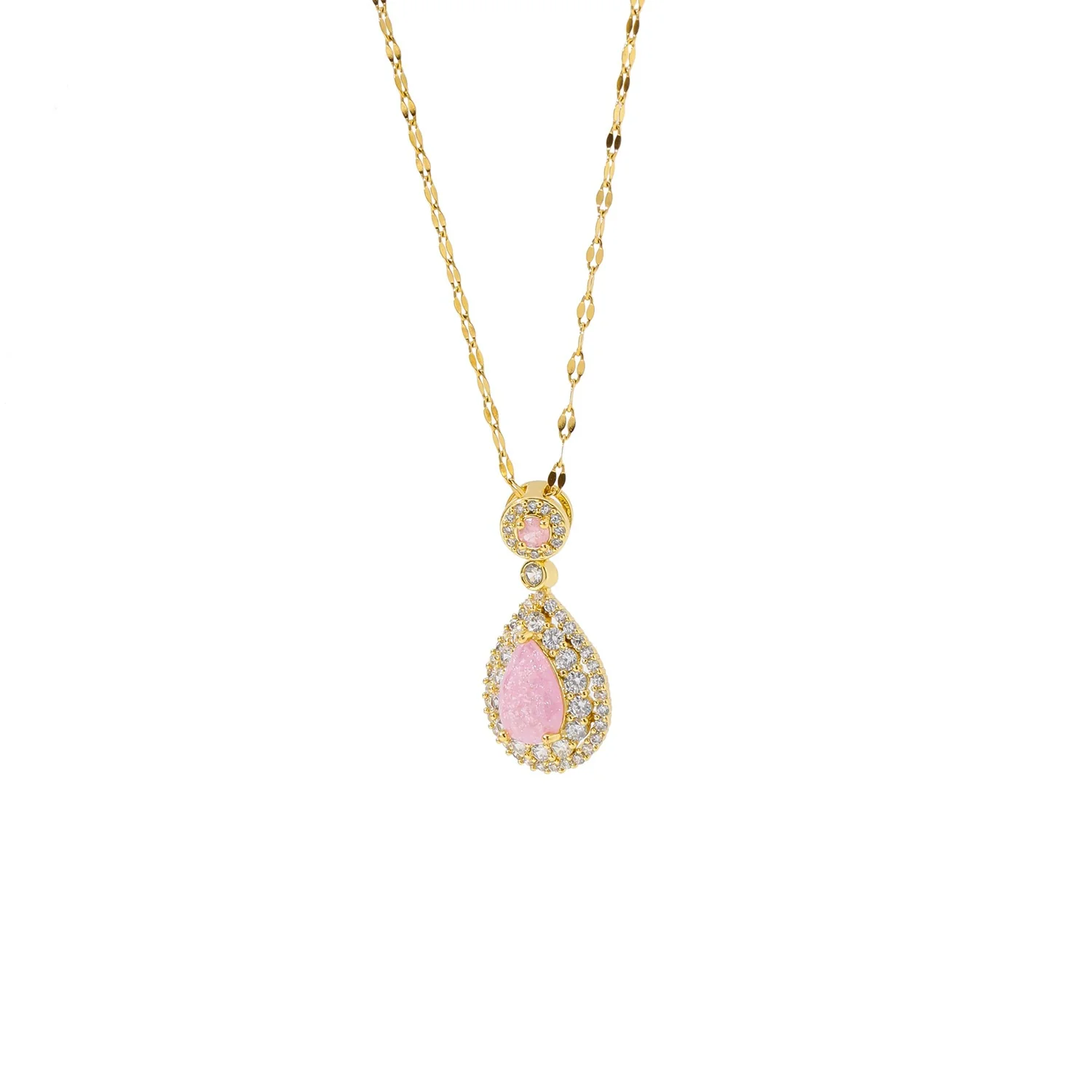 Wholesale Pendant Necklace Stainless Steel Dropshaped Microinlaid Pink Zircon Electroplating Geometric Style Ochain - Image 5