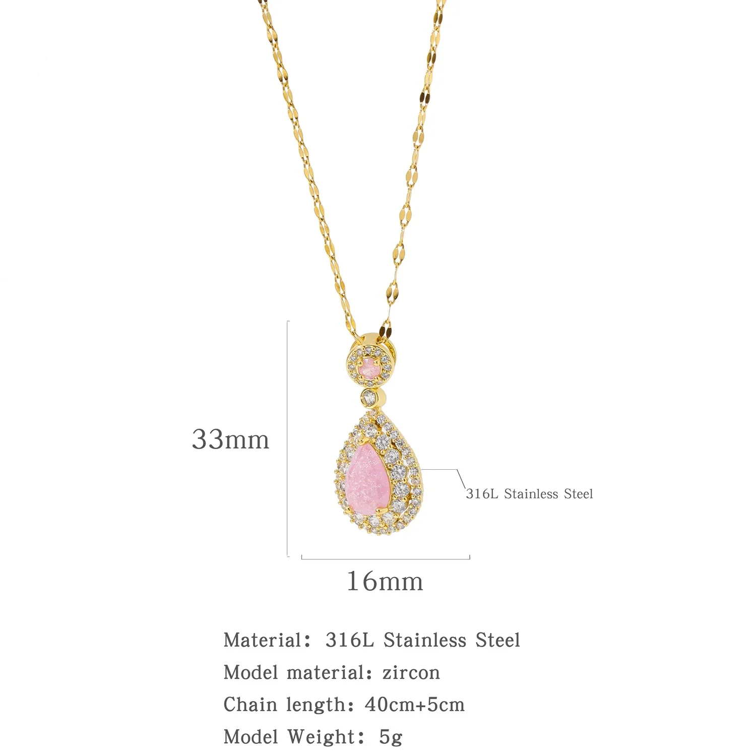 Wholesale Pendant Necklace Stainless Steel Dropshaped Microinlaid Pink Zircon Electroplating Geometric Style Ochain - Image 6