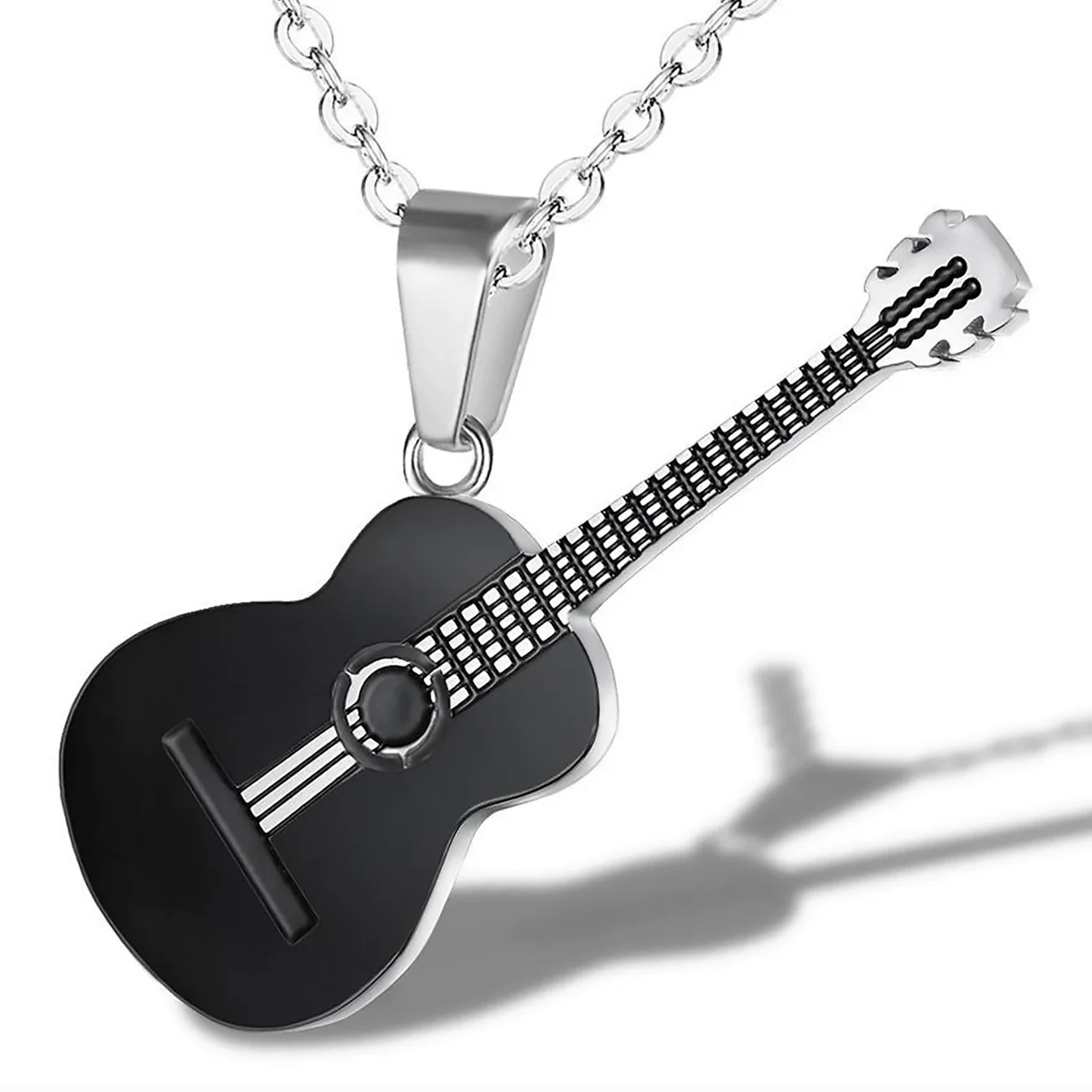 Wholesale Personality Fashion Stainless Steel And Titanium Steel Guitar Music Pendant Necklace With Geometric Pattern And Polishing Treatment Pearl Chain Style Hip Hop Jewelry