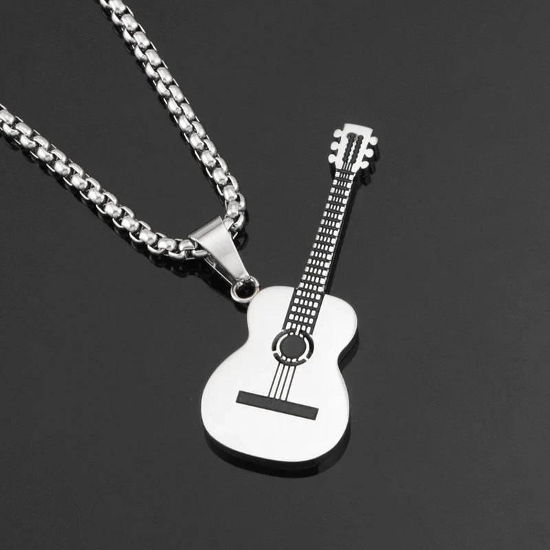 Wholesale Personality Fashion Stainless Steel And Titanium Steel Guitar Music Pendant Necklace With Geometric Pattern And Polishing Treatment Pearl Chain Style Hip Hop Jewelry - Image 6