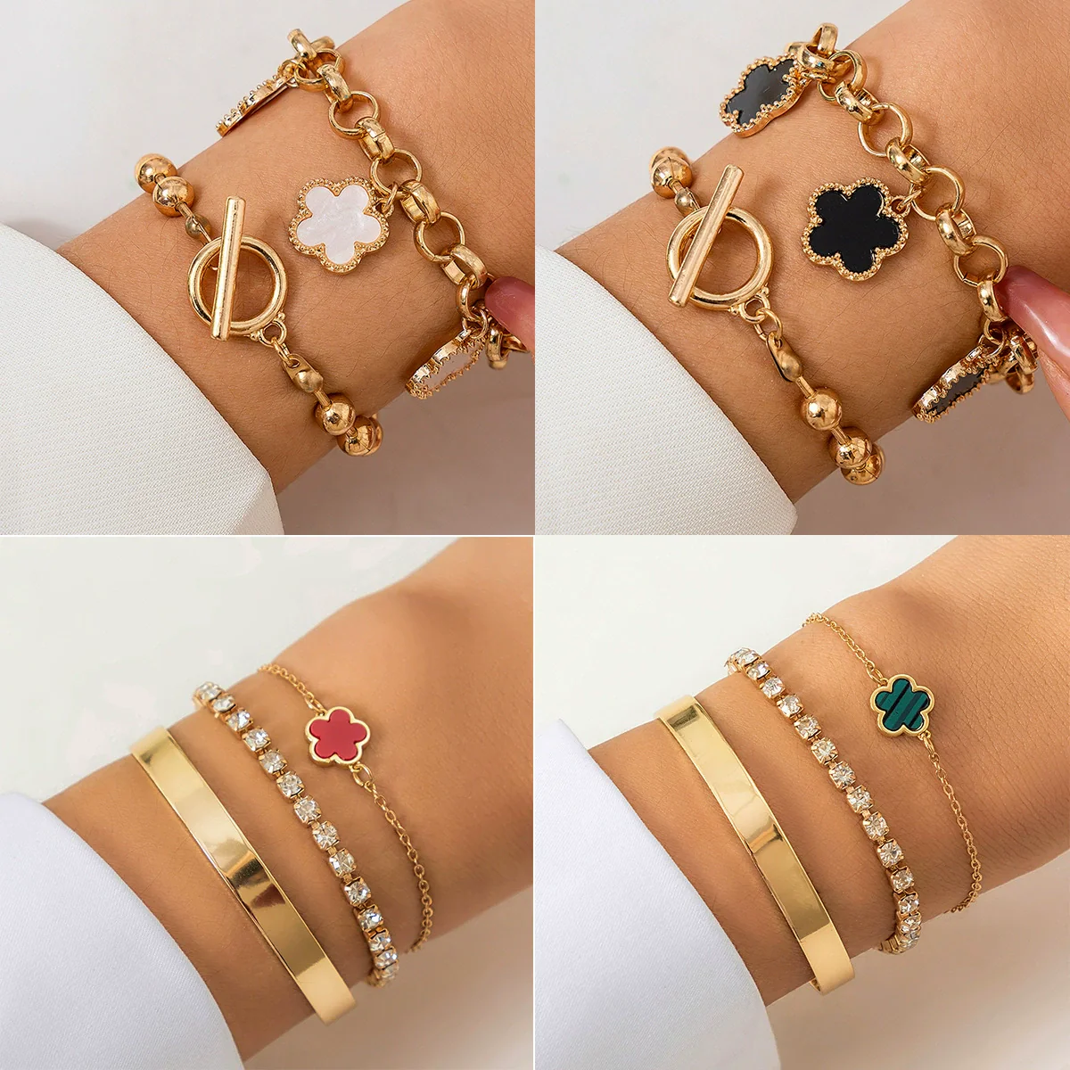 Wholesale Punk Rhinestone Alloy Five Leaf Clover Geometric Electroplated Women's Bracelet - Image 2