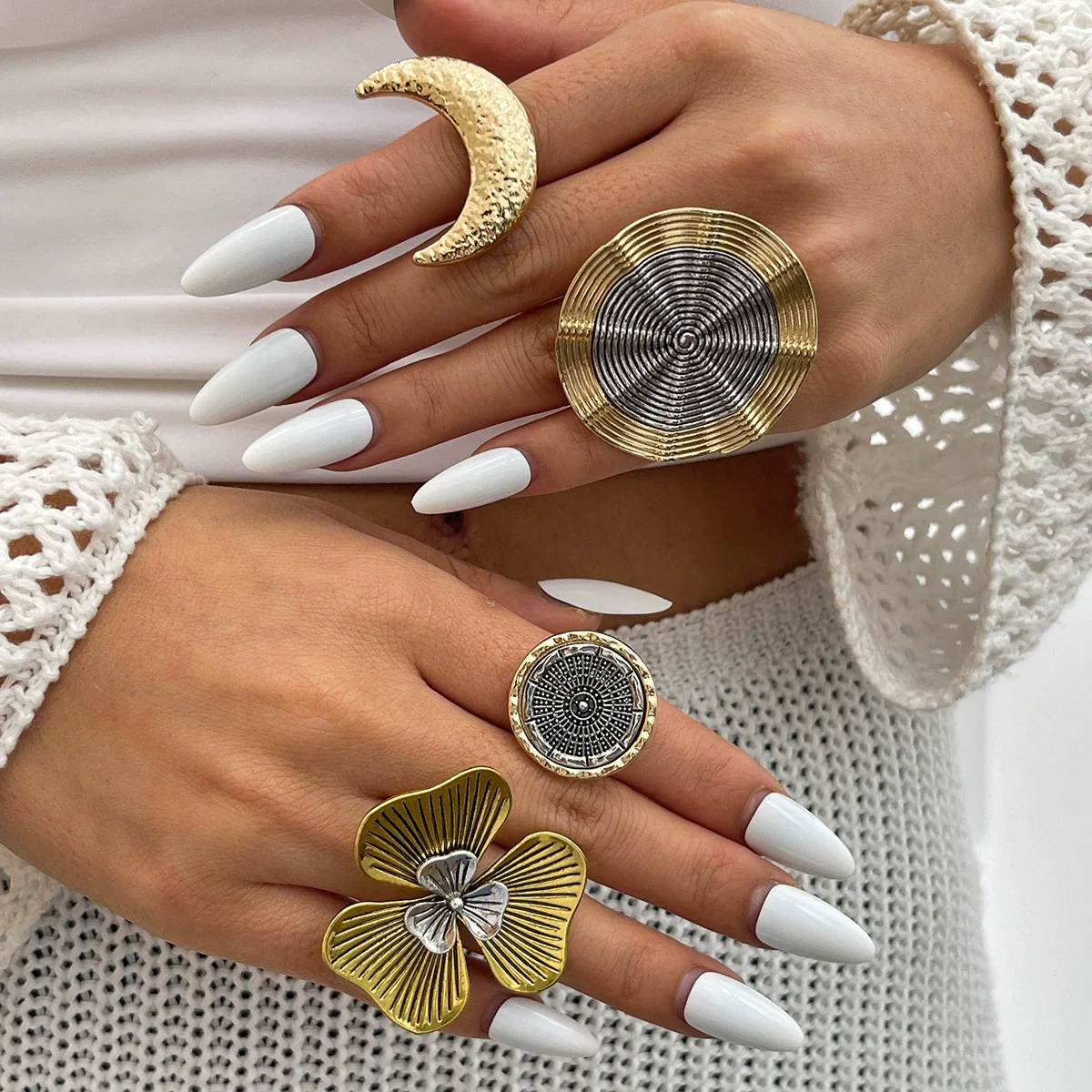 Wholesale Punk Style Metal Geometric And Leaf Ring With Electroplating - Image 2