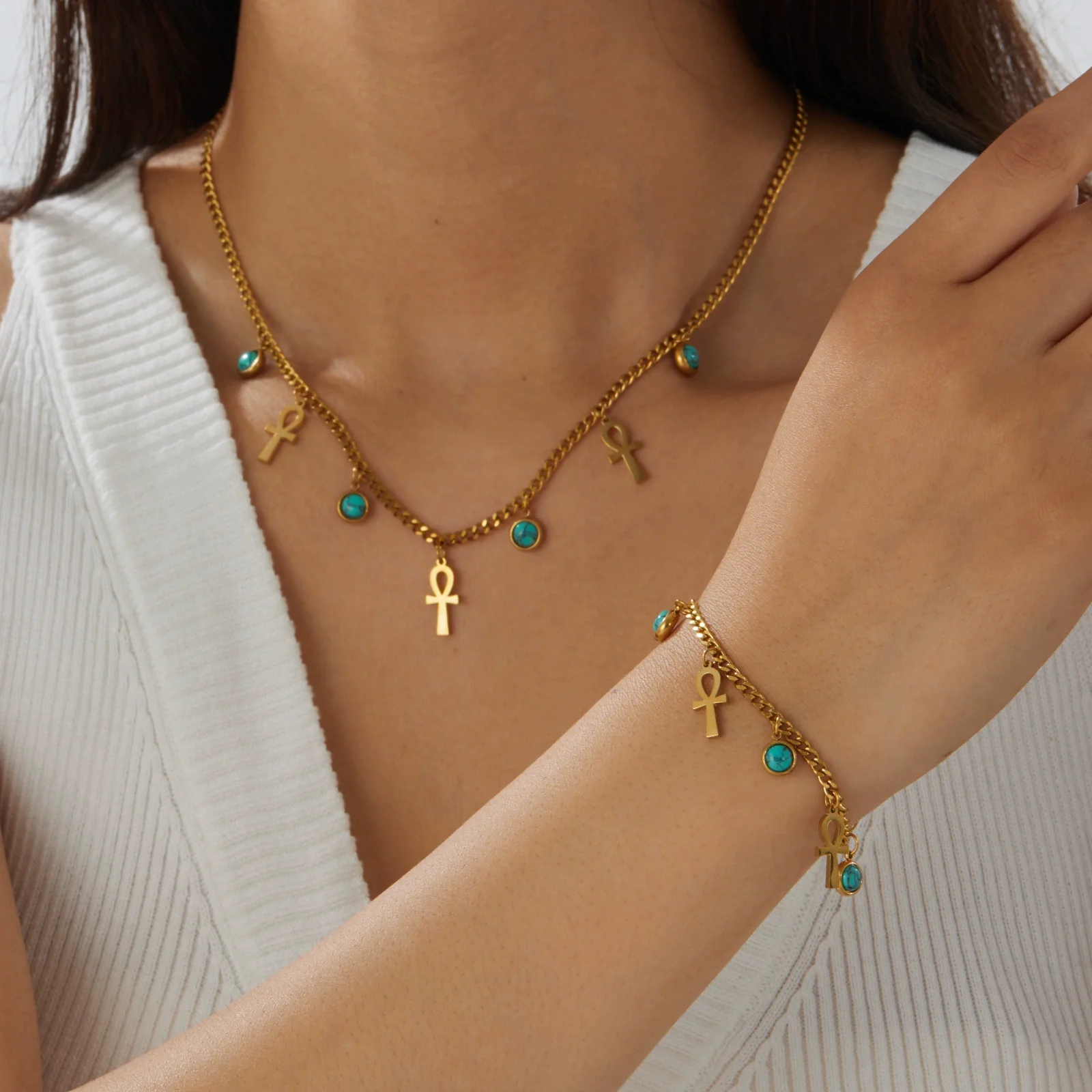 Wholesale Retro Cross Crown Roman Numerals Goldplated Stainless Steel Jewelry Set For Women - Image 2
