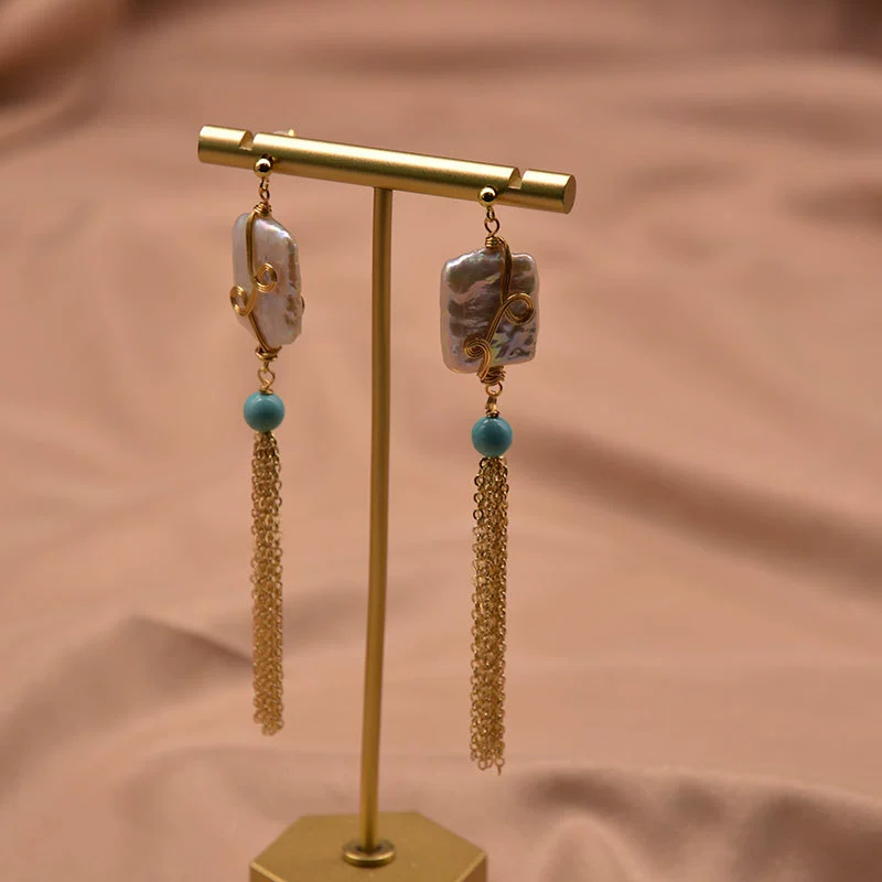 Wholesale Retro Geometric Natural Pearl 925 Sterling Silver Tassel Earrings With Electroplating - Image 10