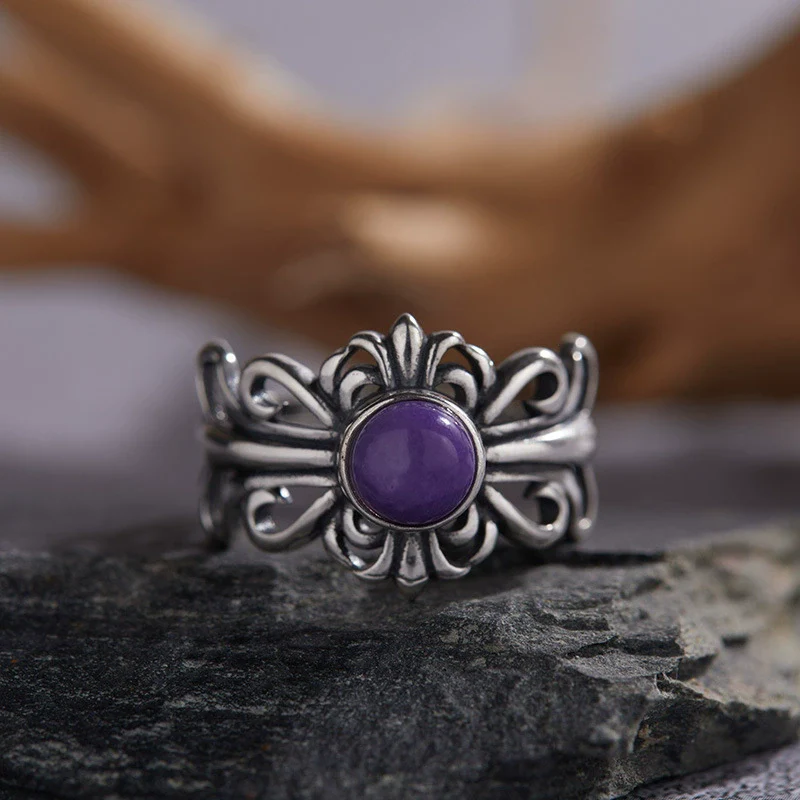 Wholesale Retro Geometric S925 Sterling Silver Natural Colored Gemstone Open Ring Set With Precious Stones - Image 4