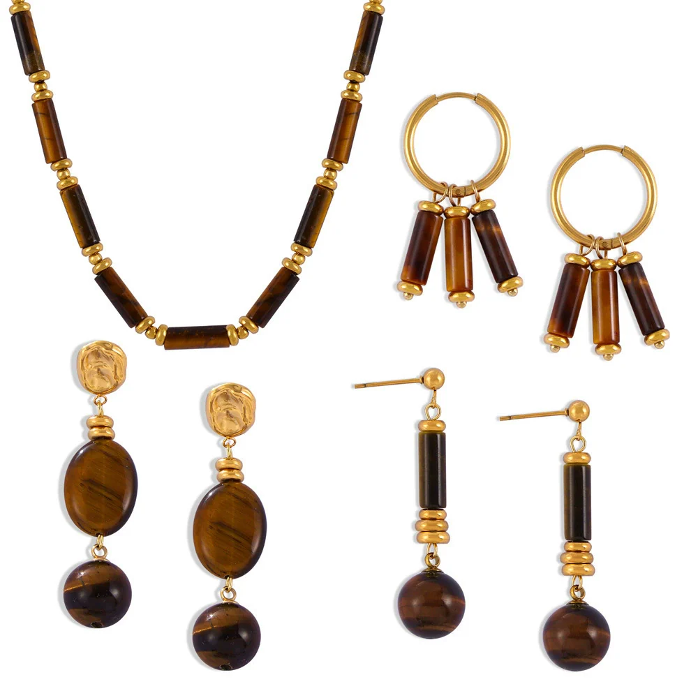 Wholesale Retro Jewelry Set With Tiger Eye Stone Beaded Design Electroplated Titanium Steel For Men And Women - Image 5